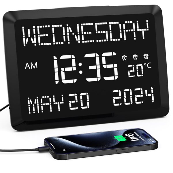 11.5" Large Digital Clock for Seniors, Dementia Clock with Temperature/Date/Week,3 Alarms,5 Dimmer,15 Volume,Battery Backup,Calendar Clock for Living Room Home Office Elderly