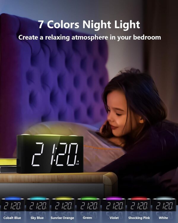 Alarm Clock for Kids, Digital Clock with 7-Color Night Light for Bedrooms, Battery Backup, Adjustable Volume and Brightness, 2 Charging Ports, Big Snooze,12/24H/DST