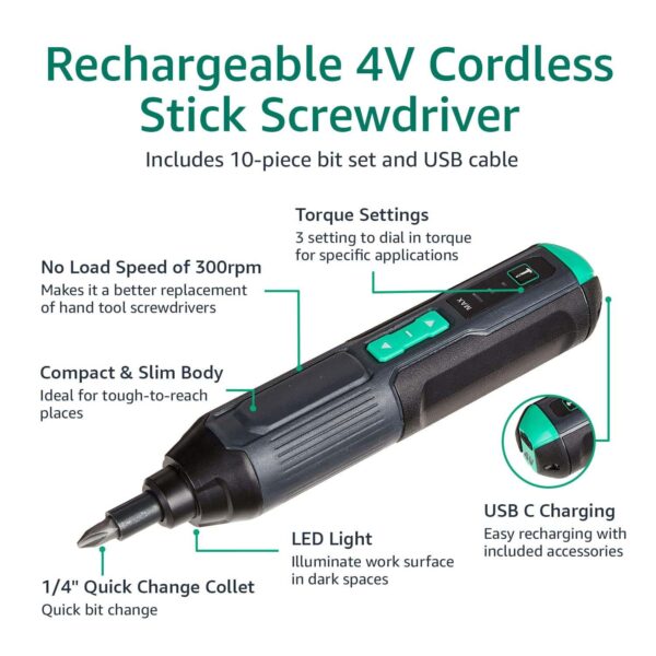 Amazon Basics by SKIL 4V Cordless Stick Screwdriver with 10-Piece Bit Set and USB Cable