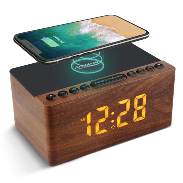 ANJANK Wooden Digital Alarm Clock FM Radio for Bedrooms,10W Fast Wireless Charger Station for iPhone/Samsung Galaxy, 5 Level Dimmer, USB Charging Port, 9 Wake up Sounds, Sleep...
