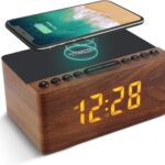 ANJANK Wooden Digital Alarm Clock FM Radio for Bedrooms,10W Fast Wireless Charger Station for iPhone/Samsung Galaxy, 5 Level Dimmer, USB Charging Port, 9 Wake up Sounds, Sleep...