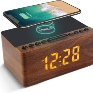 ANJANK Wooden Digital Alarm Clock FM Radio for Bedrooms,10W Fast Wireless Charger Station for iPhone/Samsung Galaxy, 5 Level Dimmer, USB Charging Port, 9 Wake up Sounds, Sleep...