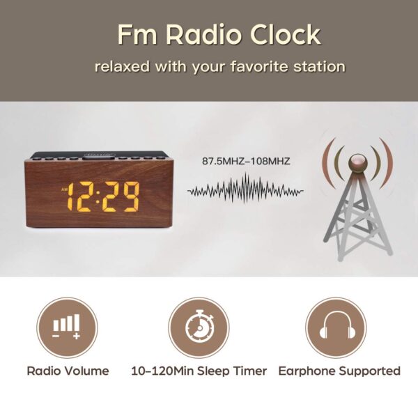 ANJANK Wooden Digital Alarm Clock FM Radio for Bedrooms,10W Fast Wireless Charger Station for iPhone/Samsung Galaxy, 5 Level Dimmer, USB Charging Port, 9 Wake up Sounds, Sleep...