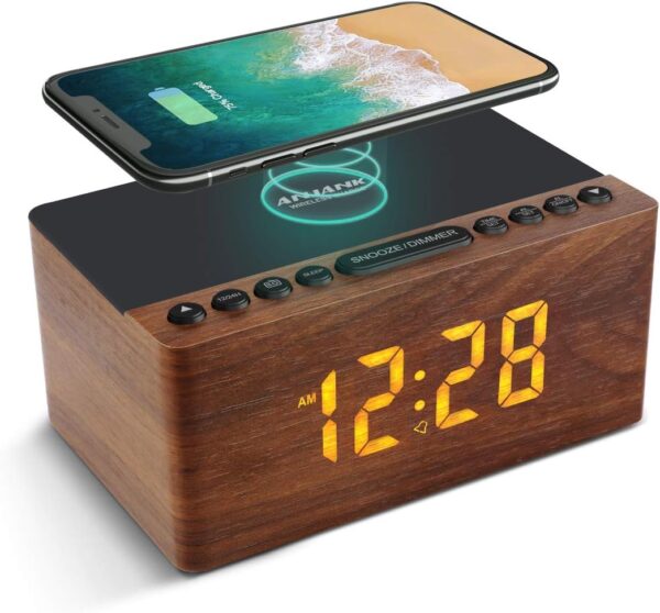 ANJANK Wooden Digital Alarm Clock FM Radio for Bedrooms,10W Fast Wireless Charger Station for iPhone/Samsung Galaxy, 5 Level Dimmer, USB Charging Port, 9 Wake up Sounds, Sleep...