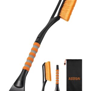 AstroAI 27" Snow Brush and Detachable Ice Scraper with Ergonomic Foam Grip for Cars, Trucks, SUVs (Heavy Duty ABS, PVC Brush, Orange)