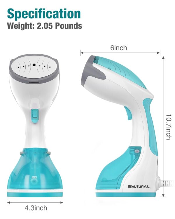 BEAUTURAL 1200-Watt Handheld Steamer for Clothes, 30-Second Heat-up, 8.79-Ounce Water Tank, Aqua