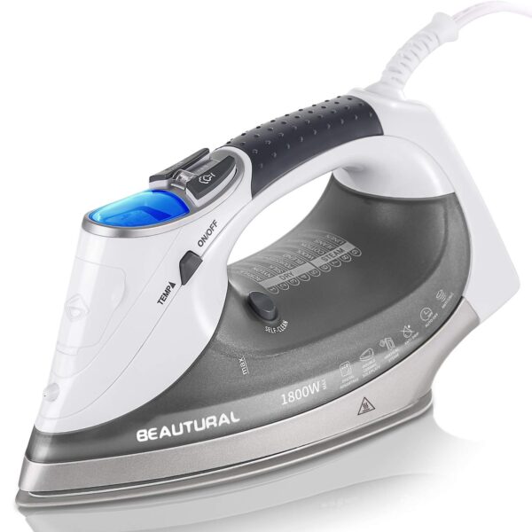 BEAUTURAL 1800-Watt Steam Iron with Digital LCD Screen, Double-Layer and Ceramic Coated Soleplate, 3-Way Auto-Off, 9 Preset Temperature and Steam Settings for Variable Fabric