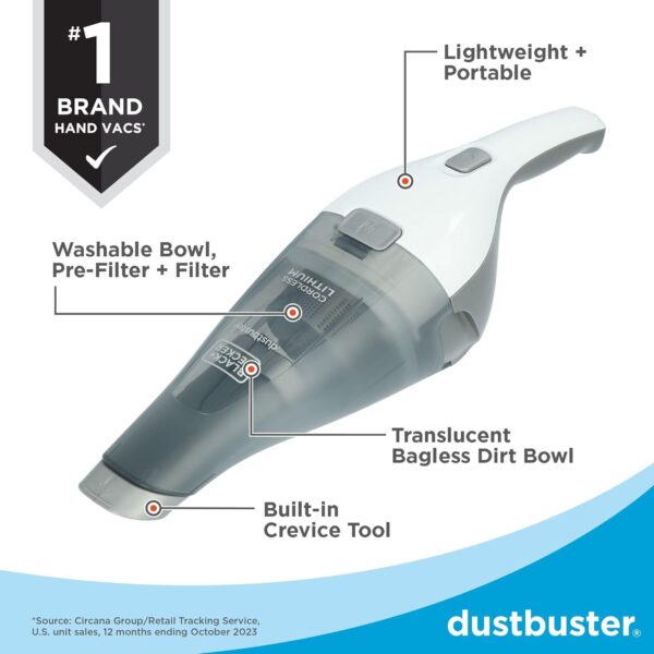 BLACK+DECKER dustbuster QuickClean Cordless Handheld Vacuum, White (HNVC215B10), Dirt Bowl and Fliter