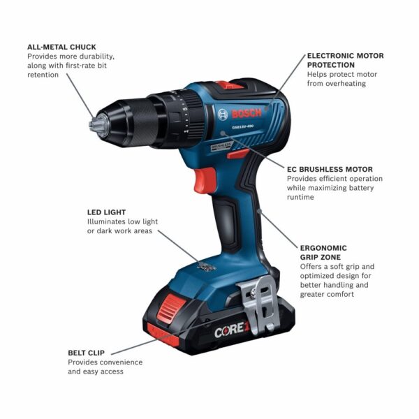 BOSCH GSB18V-490B12 18V EC Brushless 1/2 in. Hammer Drill/Driver Kit with (1) 2.0 Ah Slimpack Battery