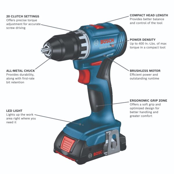 BOSCH GSR18V-400B22 18V Compact Brushless 1/2 in. Drill/Driver Kit with (2) 2.0 Ah Slimpack Batteries