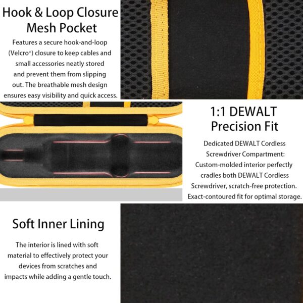 co2CREA Hard Travel Case for DEWALT NEW FLEXDRIVE Cordless Screwdriver DWHT66719 (Black Case + Yellow Zipper)