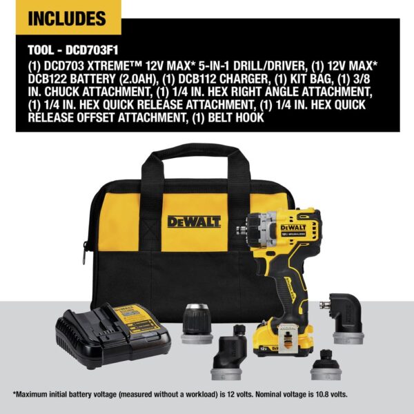 DEWALT 12V MAX* XTREME Brushless 5-in-1 Drill/Driver Kit, Multiple Quick Change Heads, 2 Speed Transmission (DCD703F1)