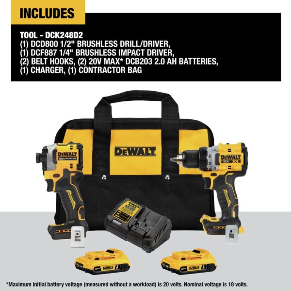 DEWALT 20V MAX* XR Cordless Drill and Impact Driver Kit, Power Tool Combo Kit, Brushless, with 2 Batteries and Charger (DCK248D2)