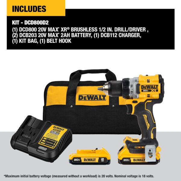 DEWALT 20V MAX* XR Cordless Drill/Driver Kit, Brushless, Compact, with 2 Batteries and Charger (DCD800D2)