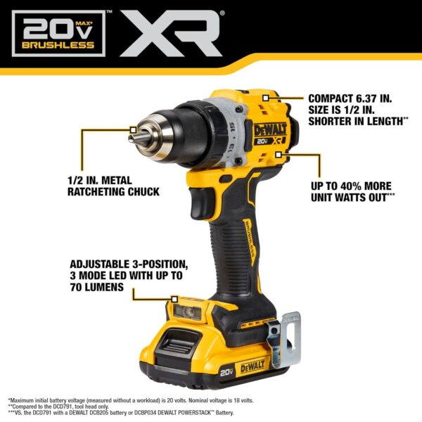 DEWALT 20V MAX* XR Cordless Drill/Driver Kit, Brushless, Compact, with 2 Batteries and Charger (DCD800D2)