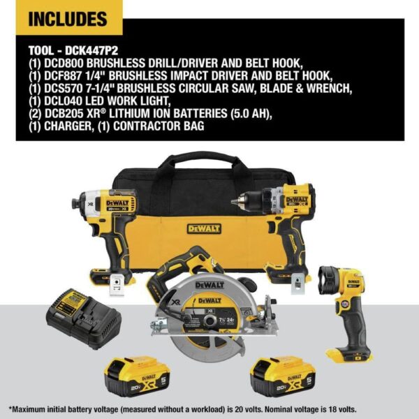DEWALT 20V MAX* XR Cordless Power Combo Kit, 4-Tool, with 2- 5Ah Batteries and Charger (DCK447P2)