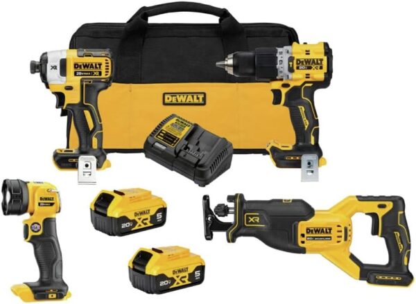 DEWALT 20V MAX XR Power Tools Combo Kit, Hammer Drill, Impact Driver, Reciprocating Saw, and Work Light, 4-Tool (DCK449P2)
