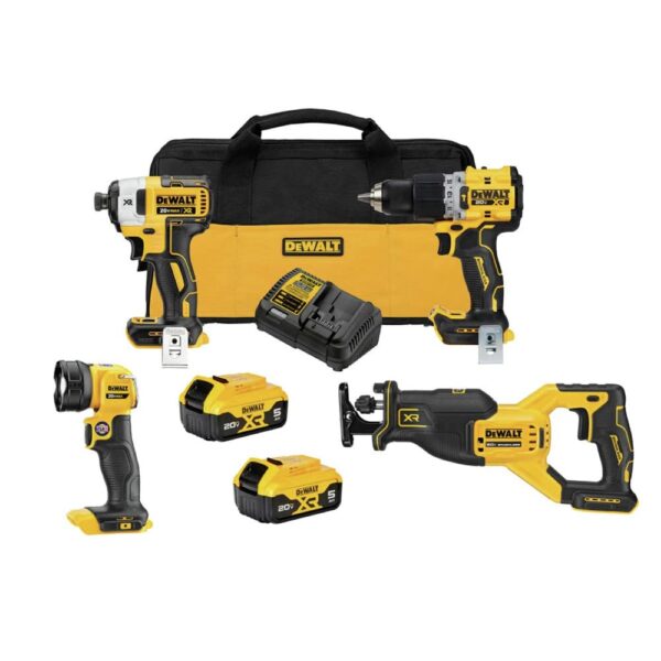 DEWALT 20V MAX XR Power Tools Combo Kit, Hammer Drill, Impact Driver, Reciprocating Saw, and Work Light, 4-Tool (DCK449P2)