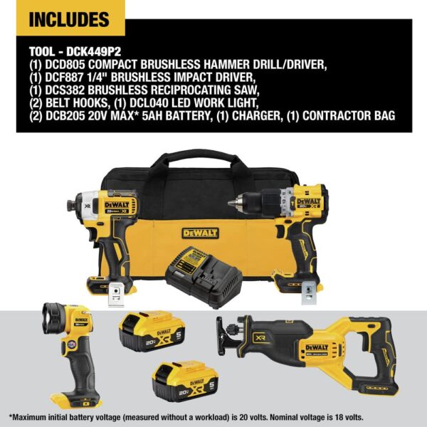 DEWALT 20V MAX XR Power Tools Combo Kit, Hammer Drill, Impact Driver, Reciprocating Saw, and Work Light, 4-Tool (DCK449P2)