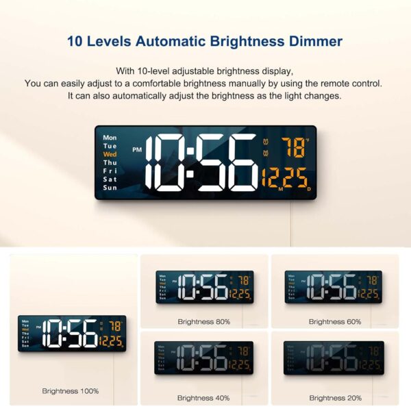 Digital Wall Clock Large Display, 16.2 Inch , LED Digital Clock with Remote Control for Living Room Decor, Automatic Brightness Dimmer with Date Week Temperature (Orange)