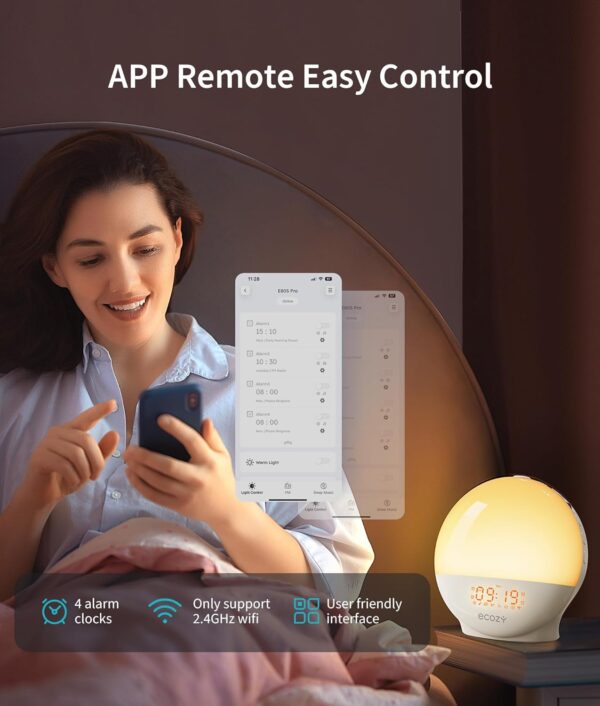 ecozy Sunrise Alarm Clock for Heavy Sleepers, Smart Wake Up Light with Sunrise/Sunset Simulation, App & Voice Controlled, Natural Sounds & FM Radio, 4 Alarms & Snooze, 8 Colors...