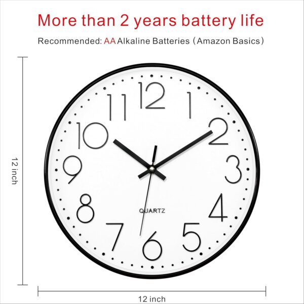 Foxtop Black Wall Clock Silent Non Ticking 12 Inch Quartz Battery Operated Round Clock Easy to Read for Office Classroom School Home Living Room Bedroom Kitchen Decor