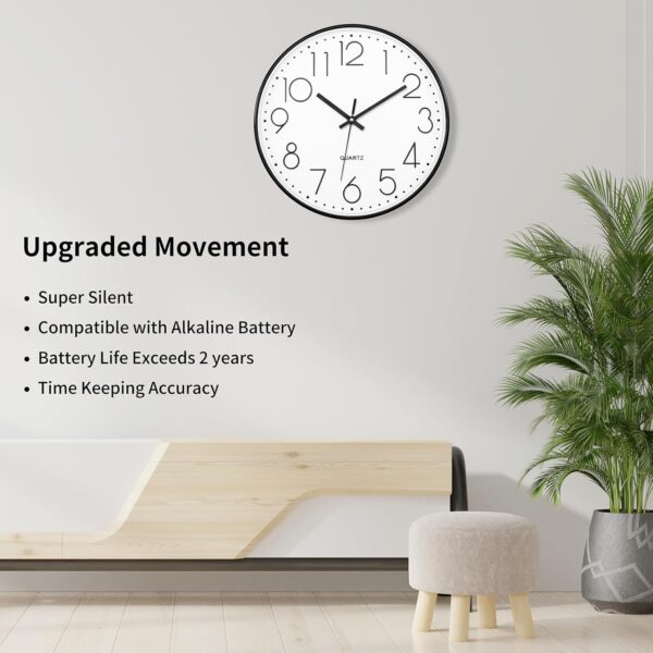 Foxtop Black Wall Clock Silent Non Ticking 12 Inch Quartz Battery Operated Round Clock Easy to Read for Office Classroom School Home Living Room Bedroom Kitchen Decor