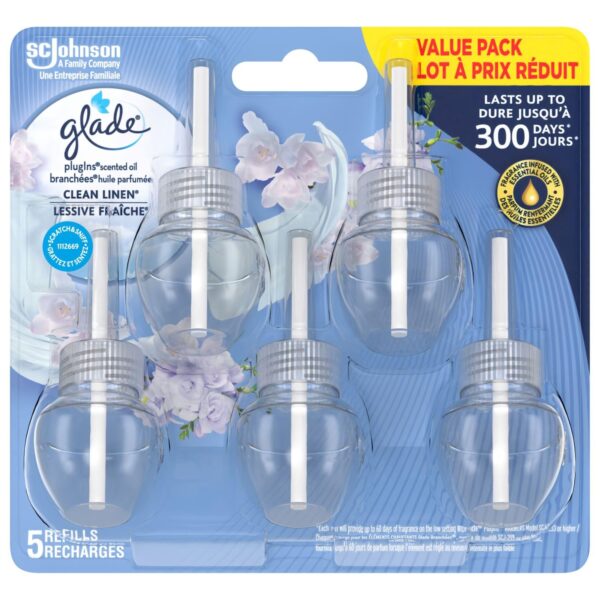 Glade PlugIns Air Freshener Oil Refill, Scented and Essential Oils for Home and Bathroom, Clean Linen, 5 Refills