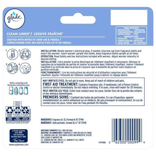 Glade PlugIns Air Freshener Oil Refill, Scented and Essential Oils for Home and Bathroom, Clean Linen, 5 Refills