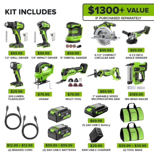 Greenworks 24V Brushless 10PC Power Tool Combo, Drill+Impact Driver+Circular Saw+Recip Saw+Jig Saw+Sander+Light+Multi-Tool+Nailer+Grinder (2) 4.0Ah+2.0Ah Batteries (20,000mAh...