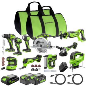 Greenworks 24V Brushless 10PC Power Tool Combo, Drill+Impact Driver+Circular Saw+Recip Saw+Jig Saw+Sander+Light+Multi-Tool+Nailer+Grinder (2) 4.0Ah+2.0Ah Batteries (20,000mAh...