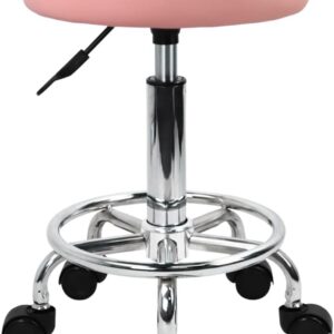 KKTONER PU Leather Round Rolling Stool with Foot Rest Swivel Height Adjustment Spa Drafting Salon Tattoo Work Office Massage Stools Task Chair (Pink)