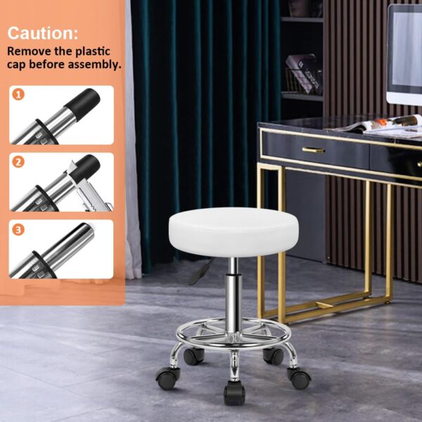 KKTONER PU Leather Round Rolling Stool with Foot Rest Swivel Height Adjustment Spa Drafting Salon Tattoo Work Office Massage Stools Task Chair White Small (White)