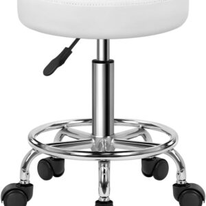 KKTONER PU Leather Round Rolling Stool with Foot Rest Swivel Height Adjustment Spa Drafting Salon Tattoo Work Office Massage Stools Task Chair White Small (White)