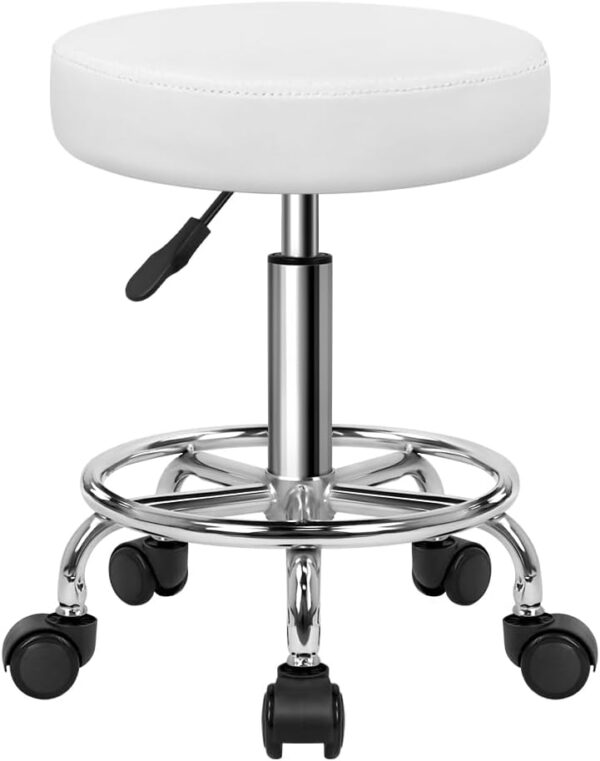 KKTONER PU Leather Round Rolling Stool with Foot Rest Swivel Height Adjustment Spa Drafting Salon Tattoo Work Office Massage Stools Task Chair White Small (White)