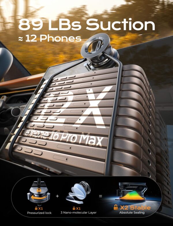 LISEN 2025 Magsafe Car Mount Vacuum Magnetic Car Phone Holder [89LBS Suction] MagLock 360 Adjustable Suction Cup Car Dashboard Phone Holder Stand in-Dash Mounting Frames for...