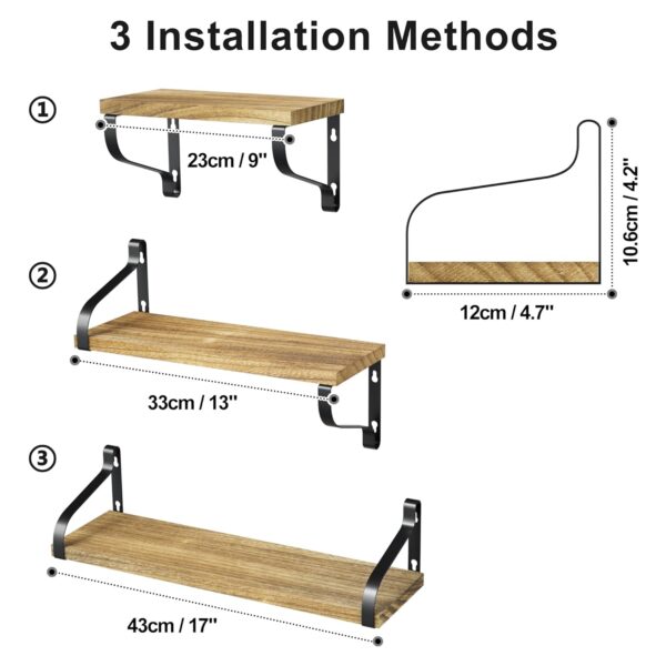 Love-KANKEI Floating Shelves Wall Mounted Set of 3, Rustic Wood Wall Storage Shelves for Bedroom, Living Room, Bathroom, Kitchen, Office and More Carbonized Black