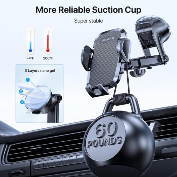 Miracase Car Phone Mount, [2025 Upgraded Strong Military Grade Suction Cup] Long Arm Phone Holder for Car Dashboard Windshield Vent, Hands Free Cell Phone Holder Compatible with...