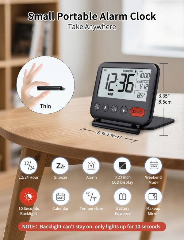 NOKLEAD Digital Travel Alarm Clock for Bedroom Office: Small LCD Desk Clock with Backlight Date Temperature Snooze 12/24H Weekend Mode and Mirror, Battery Powered Folding...