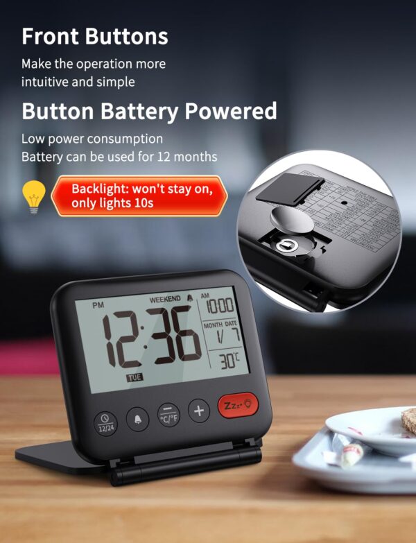 NOKLEAD Digital Travel Alarm Clock for Bedroom Office: Small LCD Desk Clock with Backlight Date Temperature Snooze 12/24H Weekend Mode and Mirror, Battery Powered Folding...
