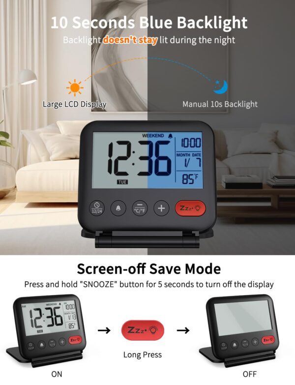 NOKLEAD Digital Travel Alarm Clock for Bedroom Office: Small LCD Desk Clock with Backlight Date Temperature Snooze 12/24H Weekend Mode and Mirror, Battery Powered Folding...
