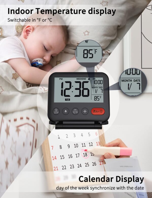 NOKLEAD Digital Travel Alarm Clock for Bedroom Office: Small LCD Desk Clock with Backlight Date Temperature Snooze 12/24H Weekend Mode and Mirror, Battery Powered Folding...