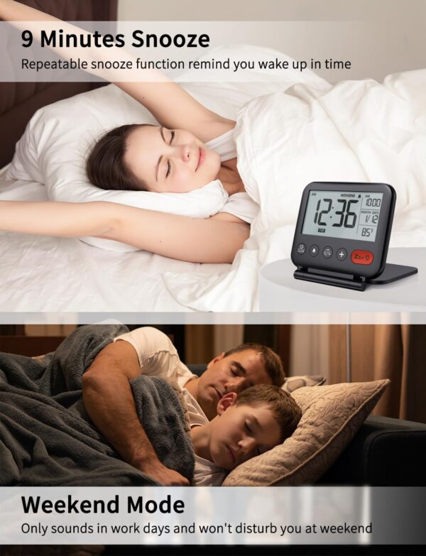 NOKLEAD Digital Travel Alarm Clock for Bedroom Office: Small LCD Desk Clock with Backlight Date Temperature Snooze 12/24H Weekend Mode and Mirror, Battery Powered Folding...
