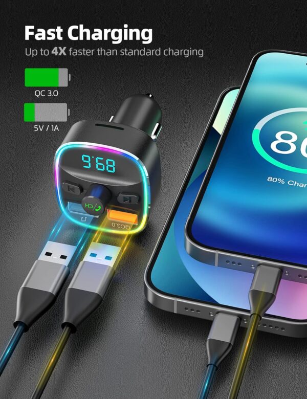 Nulaxy Bluetooth FM Transmitter for Car, Upgraded QC3.0 & 5V 1A Dual USB Charger Bluetooth Car Adapter Wireless Radio, 7-Color LED Backlit Light, Hands-Free Calling, Support USB...