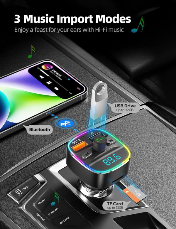 Nulaxy Bluetooth FM Transmitter for Car, Upgraded QC3.0 & 5V 1A Dual USB Charger Bluetooth Car Adapter Wireless Radio, 7-Color LED Backlit Light, Hands-Free Calling, Support USB...