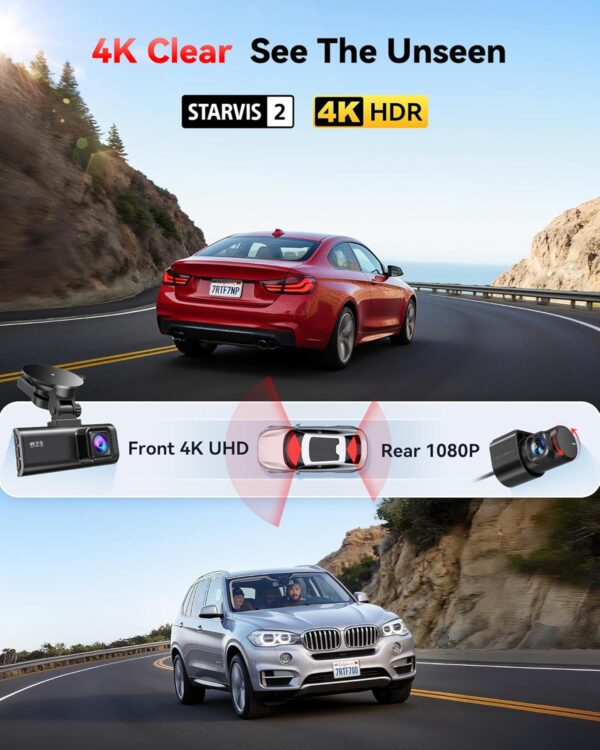REDTIGER 4K Dash Cam Front and Rear with STARVIS 2, 5.8GHz Wi-Fi Dash Camera for Cars, 128GB Card Included, GPS, 3.18”IPS Screen, Night Vision, 170°Wide Angle, WDR, 24H Parking...