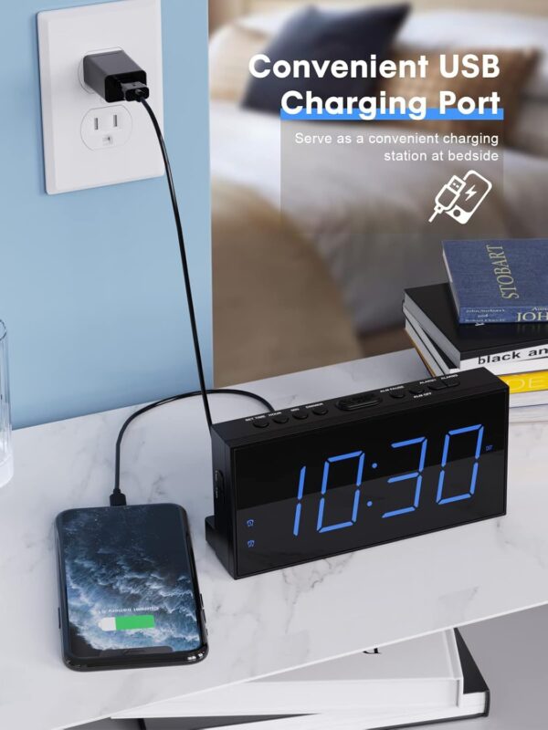 ROCAM Digital Alarm Clocks with USB Charger for Bedrooms, Electric Loud Alarm Clock for Heavy Sleeper, 7” Digital Clock Large Display with Dual Alarm, Battery Backup, Volume,...