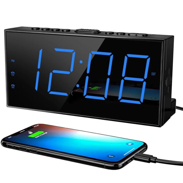 ROCAM Digital Alarm Clocks with USB Charger for Bedrooms, Electric Loud Alarm Clock for Heavy Sleeper, 7” Digital Clock Large Display with Dual Alarm, Battery Backup, Volume,...