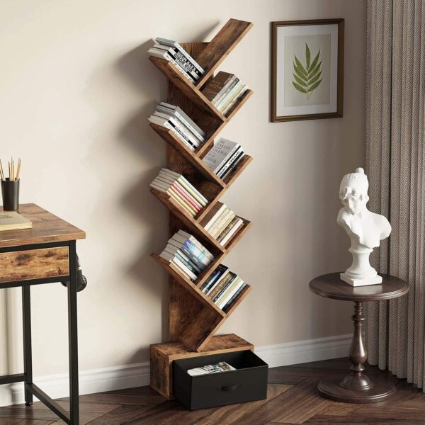Rolanstar Bookshelf with Drawer, 9-Tier Tree Bookshelf, Rustic Brown Bookcase, Wooden Storage Rack for CDs/Movies/Books, Utility Organizer Shelves for Living Room, Bedroom, Home...