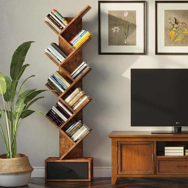 Rolanstar Bookshelf with Drawer, 9-Tier Tree Bookshelf, Rustic Brown Bookcase, Wooden Storage Rack for CDs/Movies/Books, Utility Organizer Shelves for Living Room, Bedroom, Home...